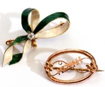 Mixed Lot: precious metal and enamel set diamond ribbon brooch, the central small old cut diamond in
