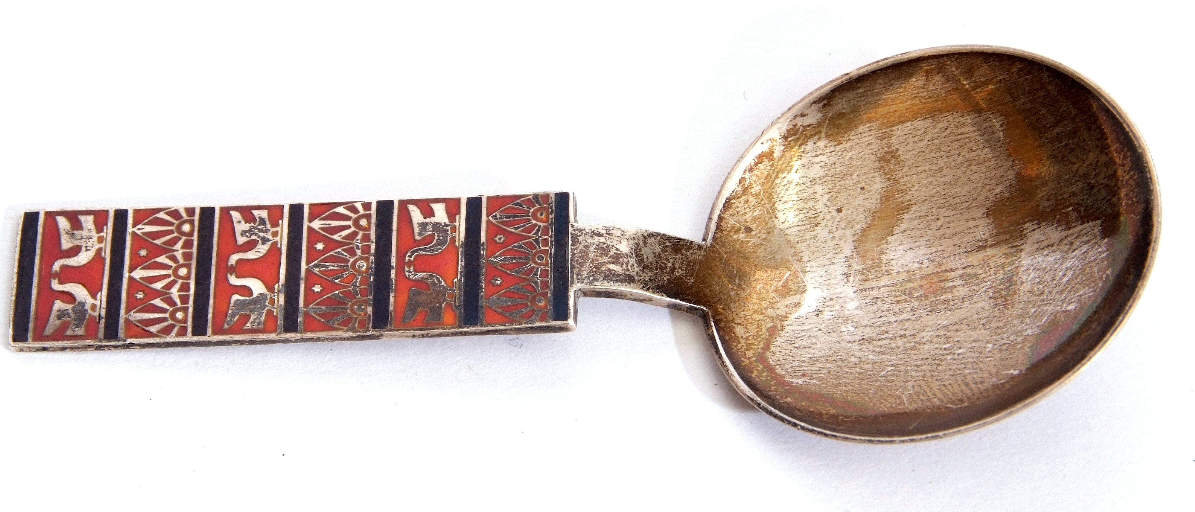 Late 20th century Russian white metal and enamelled small caddy spoon with circular bowl, the