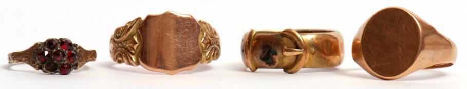 Mixed Lot: two 9ct gold signet rings, 9ct gold buckle ring, 8.4gms, together with an antique dress