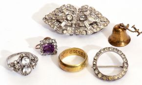 Mixed Lot: double clip paste brooch, a paste dress ring, a circular brooch together with two odd