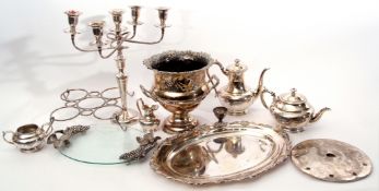 Collection of various silver plate including tea pot, coffee pot, silver plated four-branch