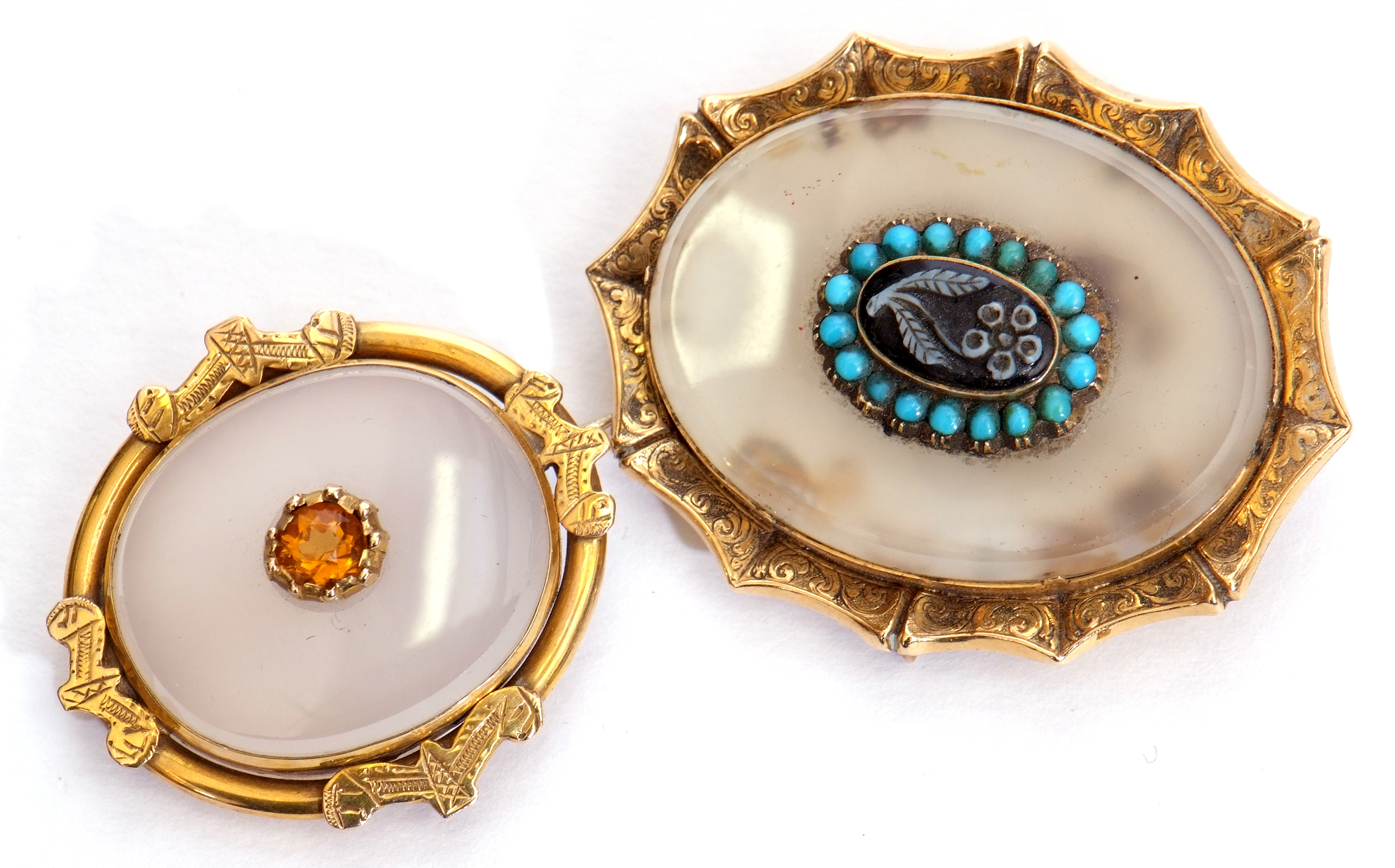 Mixed Lot: Victorian chalcedony, onyx and turquoise memoriam brooch centring a carved stone flower