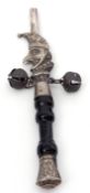 Late 20th century white metal mounted and ebonised wood handle whistle/rattle/teether in the form of