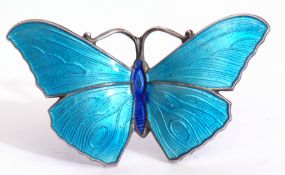 Vintage John Atkins & Sons blue enamel butterfly, brooch, 3.5 x 2cm, the outstretched wings with a