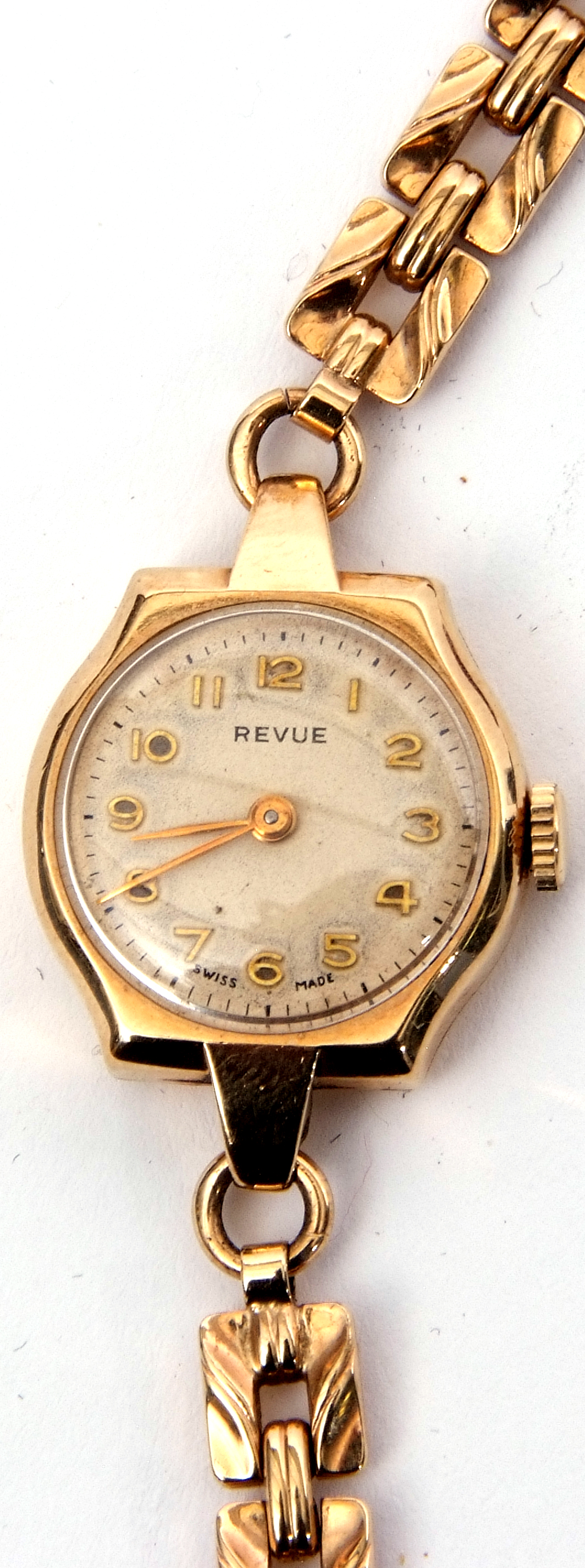 Ladies 9ct gold cased Revue wrist watch with gold hands to a cream coloured dial with raised gold - Image 2 of 4