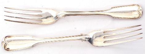 Pair of Victorian table forks in Fiddle and thread pattern, double struck, London 1849 by William