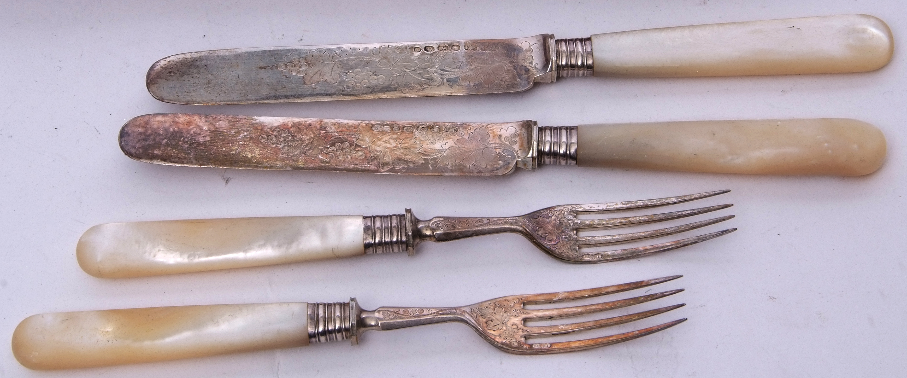 Cased Victorian silver and mother of pearl handled dessert set, Birmingham 1872, six knives and - Image 3 of 3