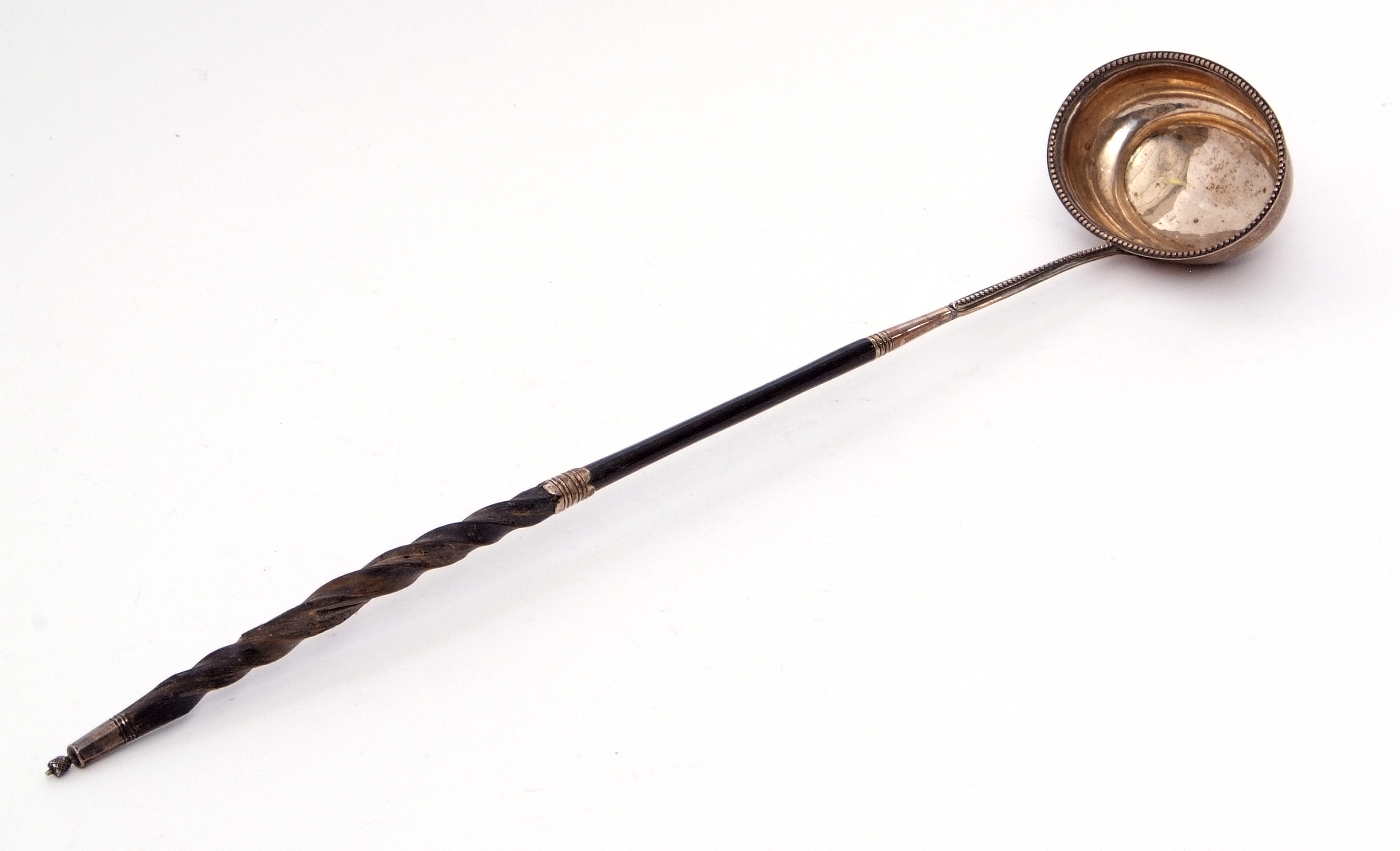 Georgian punch ladle with beaded oval silver bowl and part stem, horn handle, marks almost erased, - Image 2 of 3