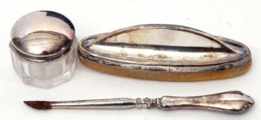 Cased three piece manicure set to include a silver nail buffer, Birmingham 1944, a rouge jar with