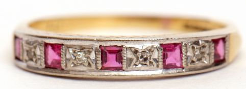 18ct gold diamond and ruby half eternity ring, alternate set with calibre cut rubies and small