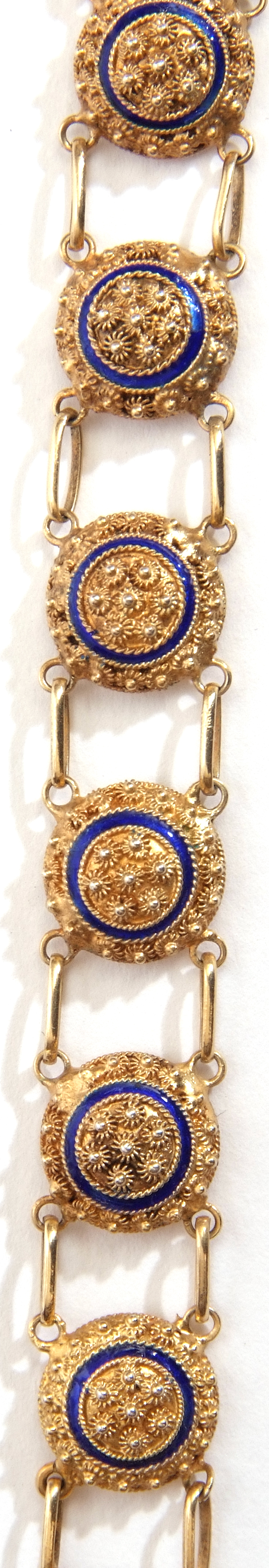 Vintage Portuguese silver gilt and enamel bracelet, a design featuring nine joined circular filigree - Image 2 of 4