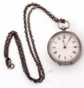 Last quarter of 19th century Continental white metal cased fob watch, blued steel hands to a pink