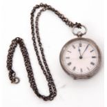 Last quarter of 19th century Continental white metal cased fob watch, blued steel hands to a pink