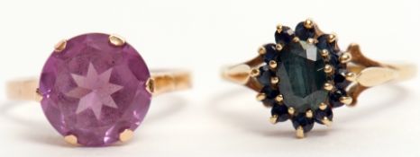 Mixed Lot: two yellow metal dress rings, purple and green stones