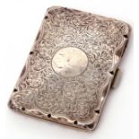 Late Victorian card case of hinged rectangular form, heavily foliate engraved front and back,