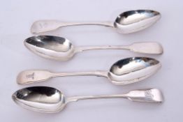 Group of four late Georgian/Victorian table spoons in Fiddle pattern, various dates and makers,