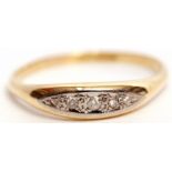 Precious metal five stone diamond ring, the boat shaped setting featuring 5 small graduated