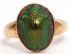 Early 20th century 18ct gold scarab beetle ring, the plain polished mount hallmarked for