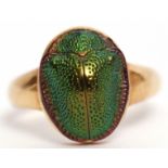 Early 20th century 18ct gold scarab beetle ring, the plain polished mount hallmarked for