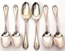 Set of six early 20th century white metal large tea spoons with pointed ends, each engraved with