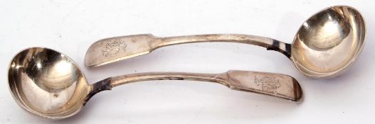 Pair of Victorian provincial Fiddle pattern sauce ladles, with oval bowls, Exeter 1846 by Robert