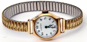 Ladies vintage 9ct gold cased Vertex wrist watch, the blued steel hands to a white enamel dial