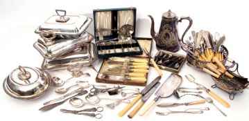 Box containing a large collection of various silver plate: serving dishes, cutlery, cased sets