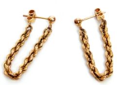 Pair of low grade yellow metal rope twist chain earrings, 1.6gms