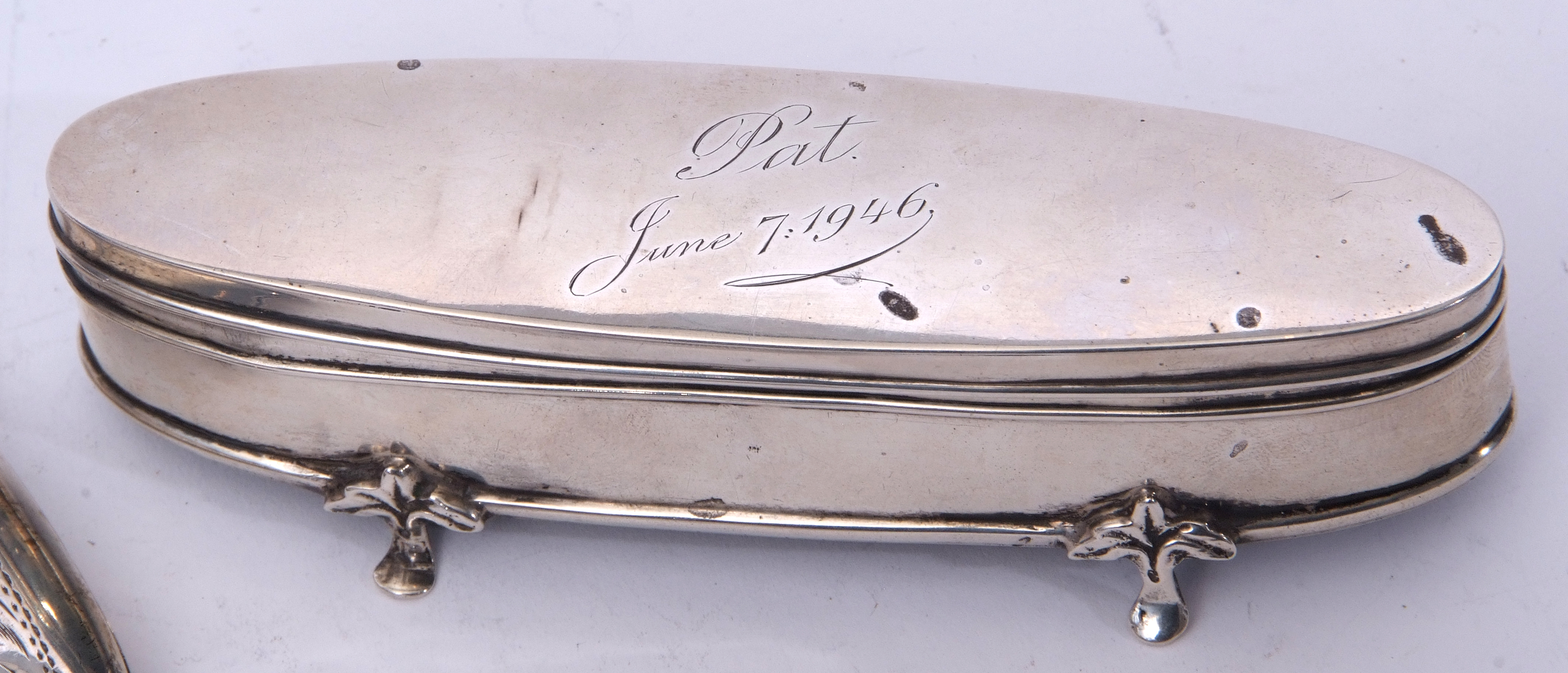 Mixed Lot: Edwardian boat shaped dressing table ring box, the hinged lid inscribed "Pat" and - Image 2 of 2