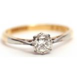 Precious metal single stone diamond ring, the brilliant cut diamond 0.25ct approx, raised between