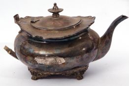 George V tea pot of compressed oval form with pie crust apron, urn finial to the hinged lid (lacking