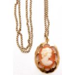 Hardstone cameo pendant depicting a classical lady in a 375 stamped mount, suspended from a 9ct