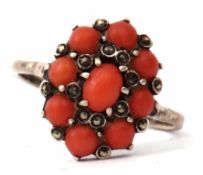 Vintage white metal coral bead and marcasite dress ring, size P