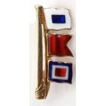 9ct gold and enamel signalling brooch featuring three translucent enamel flags, 2.5cm long,