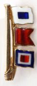 9ct gold and enamel signalling brooch featuring three translucent enamel flags, 2.5cm long,