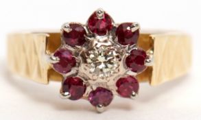 18ct gold diamond and ruby cluster ring, the brilliant cut diamond 0.15ct approx, surrounded by 8