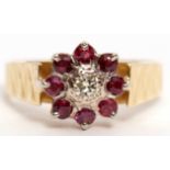 18ct gold diamond and ruby cluster ring, the brilliant cut diamond 0.15ct approx, surrounded by 8