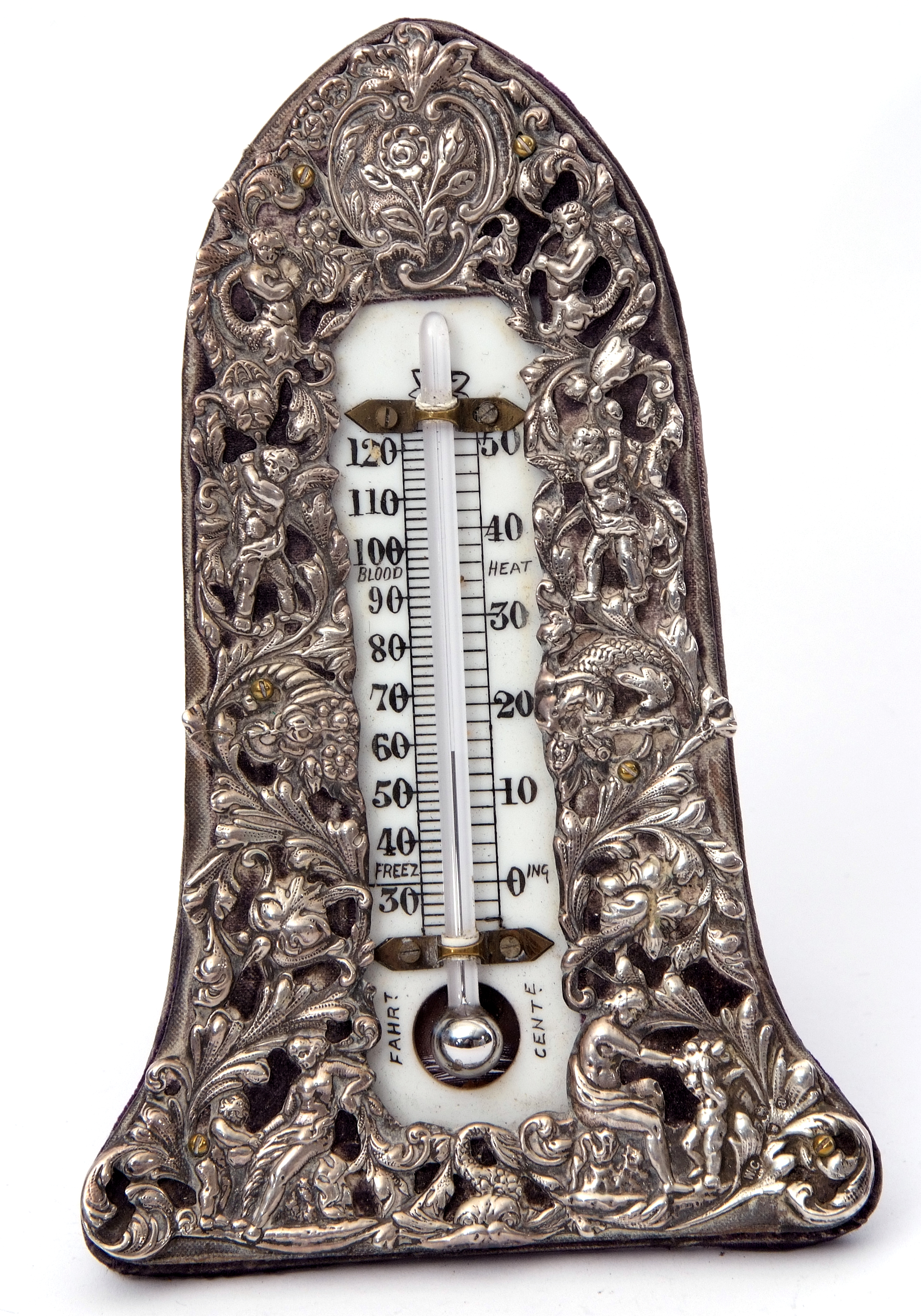 Late Victorian silver mounted desk thermometer of lighthouse shape, pierced and embossed with