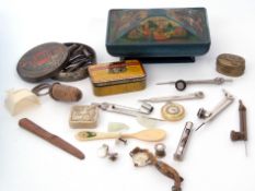 Mixed Lot: vintage Rowntree tin, vintage drawing compasses and dividers, tin of pen nibs etc