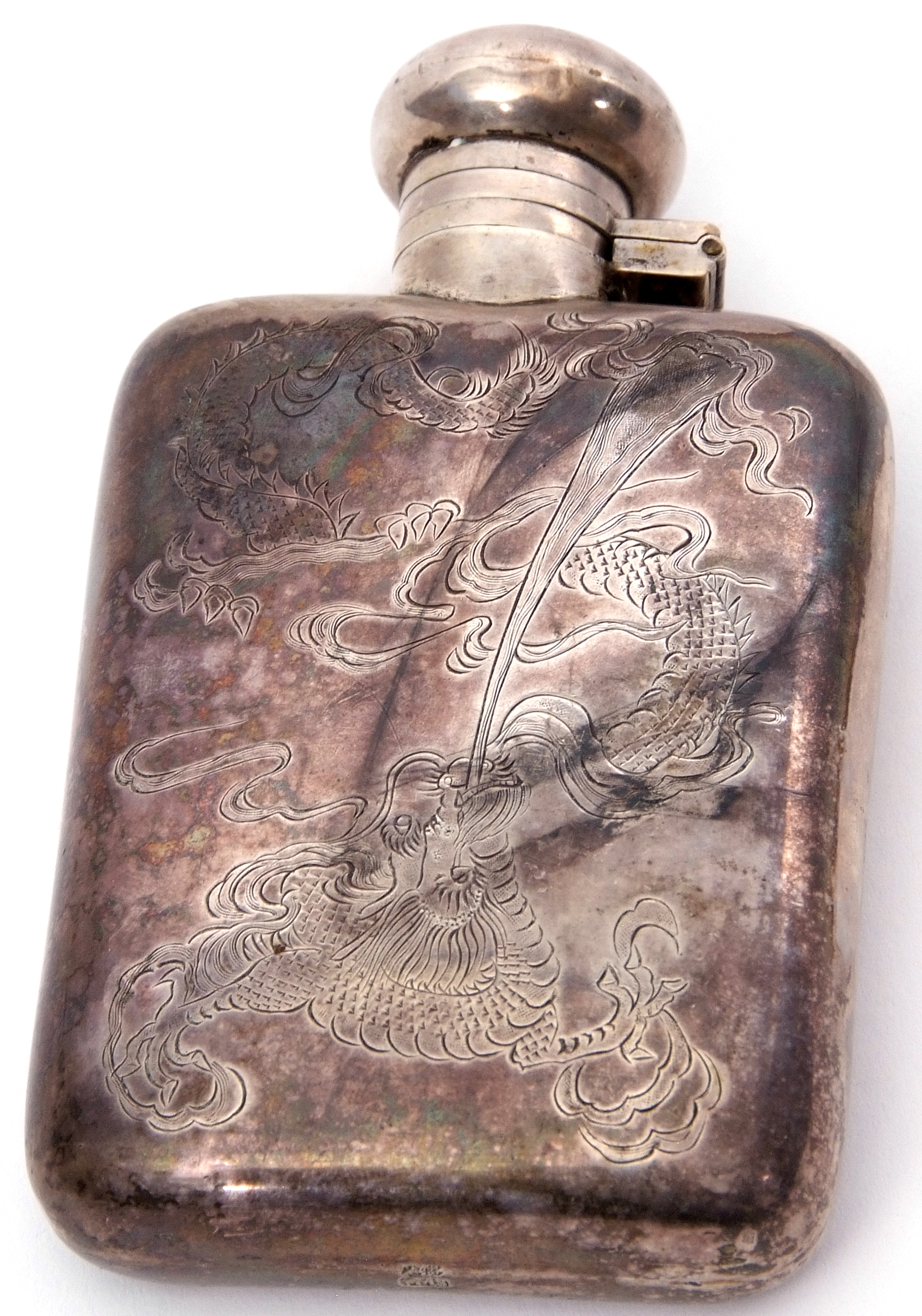 Late 19th/early 20th century Far Eastern white metal spirit flask of curved rectangular form with - Image 2 of 2