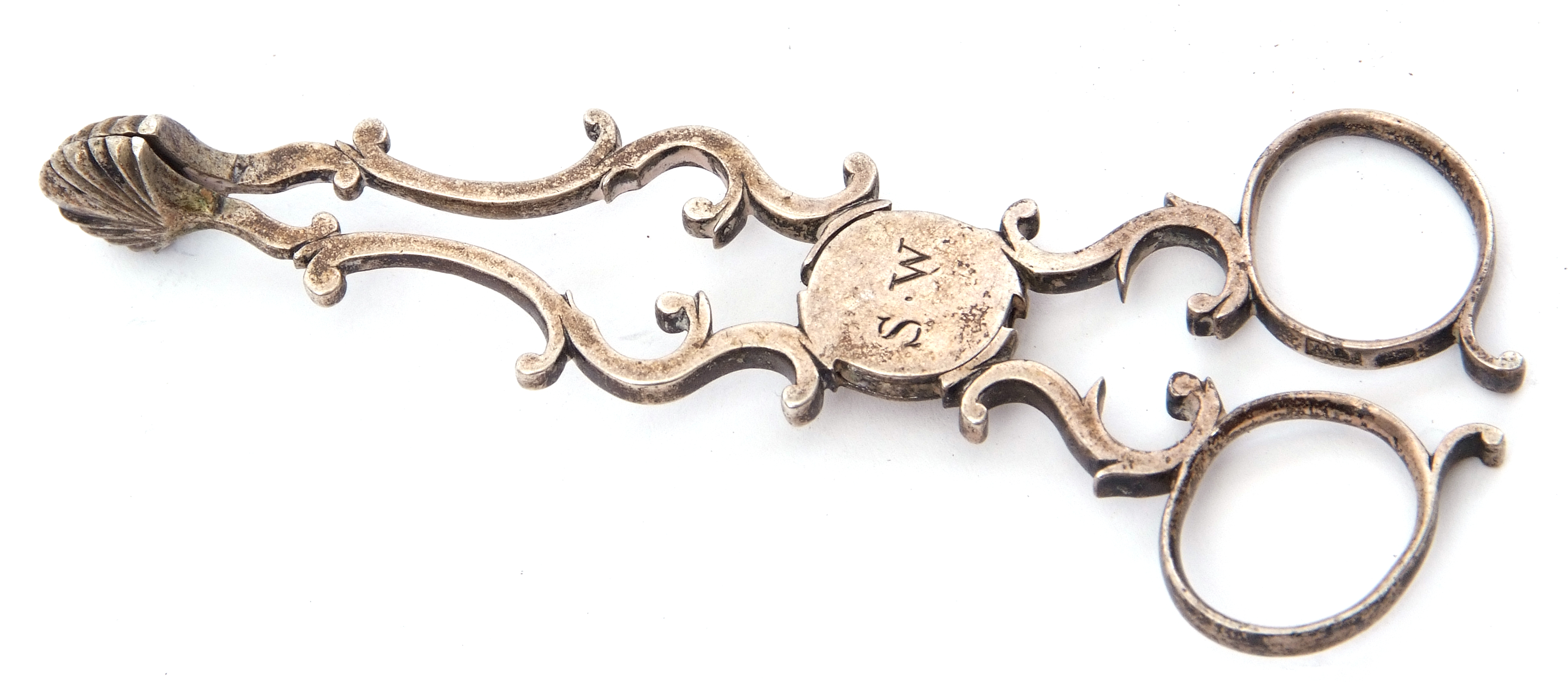 Pair of early/mid 18th century sugar scissors of scroll work design having a concealed hinge, - Image 2 of 2