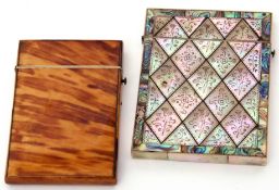 Victorian mother of pearl encased and nacre edged fold-top card case, 10cm x 8cm x 1.5cm, together