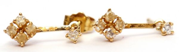 Pair of 18ct gold and diamond pendant earrings featuring a cluster of 4 small diamonds on a bar to a