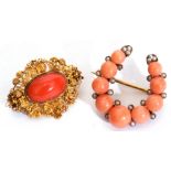 Mixed Lot: antique coral and seed pearl horseshoe brooch, a graduated row of coral beads
