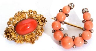 Mixed Lot: antique coral and seed pearl horseshoe brooch, a graduated row of coral beads