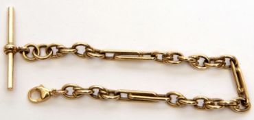 Victorian 9ct gold watch chain with elongated trombone style links, T-bar and a later catch, 14gms