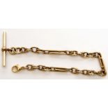 Victorian 9ct gold watch chain with elongated trombone style links, T-bar and a later catch, 14gms