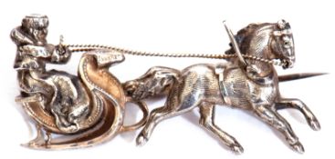Vintage white metal horse-drawn sleigh brooch, chased and engraved detail, 4.5 x 2cm