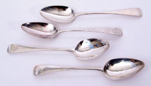 Group of four Georgian table spoons in Old English pattern, various dates and makers, 240gms