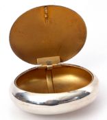 Late Victorian pebble shaped tobacco box with hand-sprung opening action, 9cm wide, Birmingham